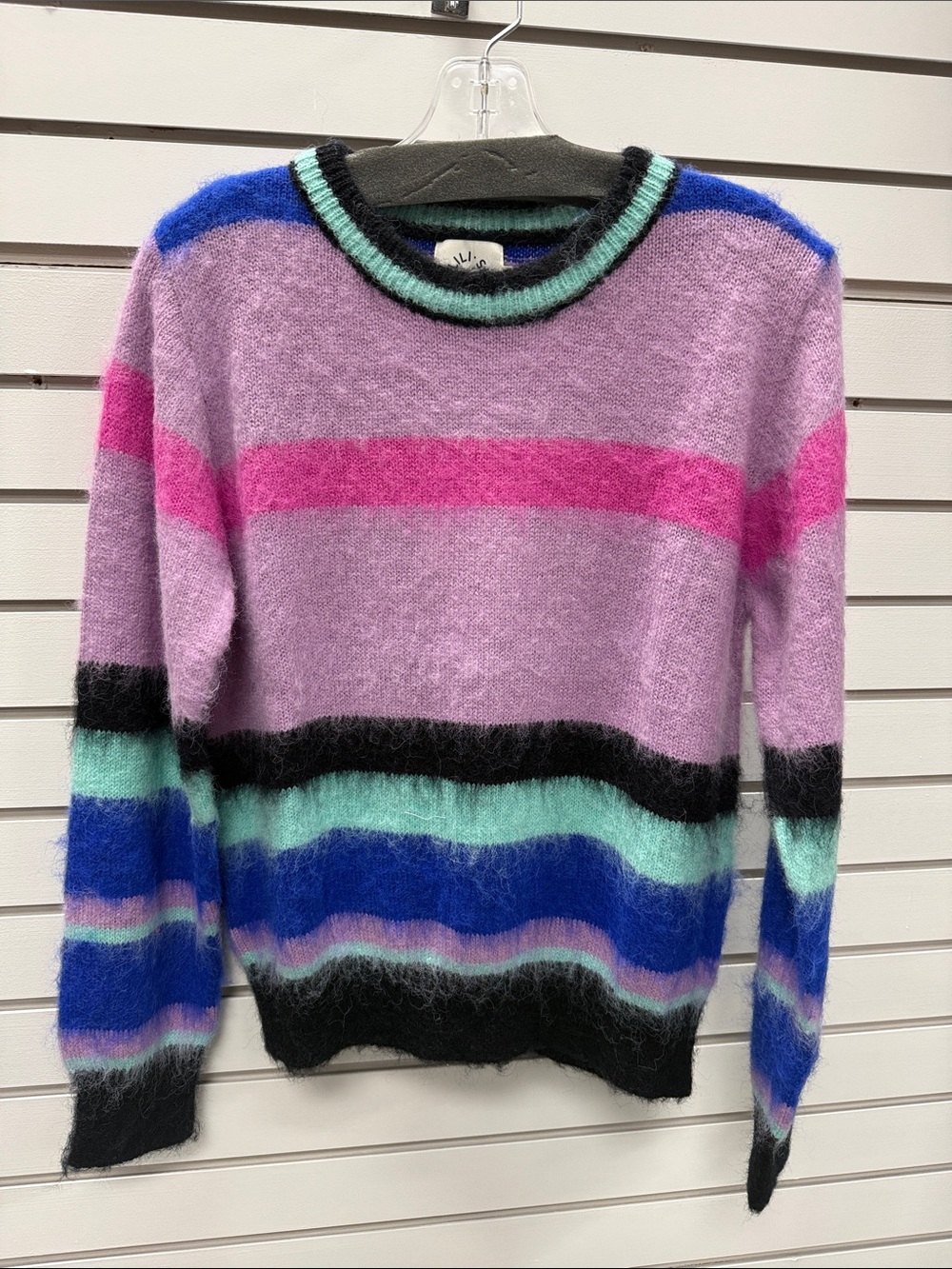 Striped Fuzzy Crewneck Sweater in Lavender, Pink & Mint